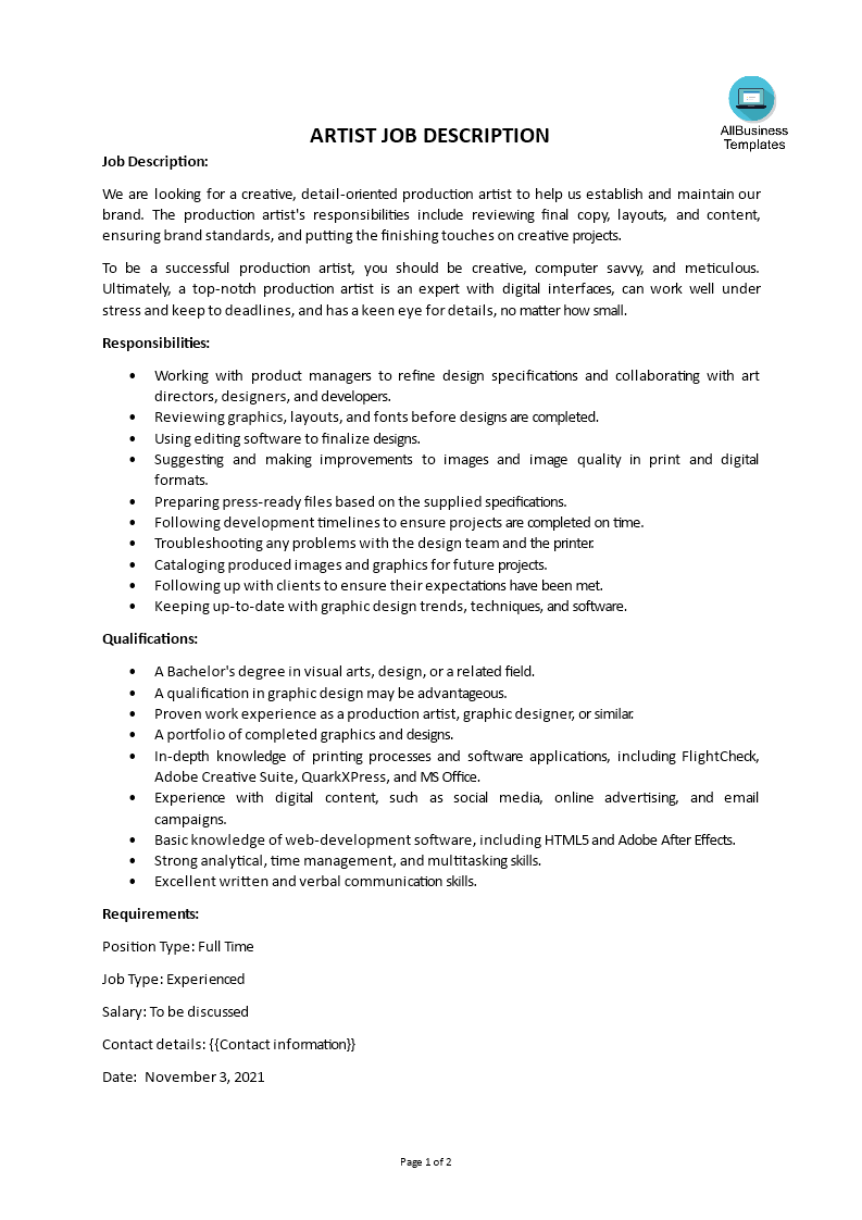 Artist Job Description Templates at
