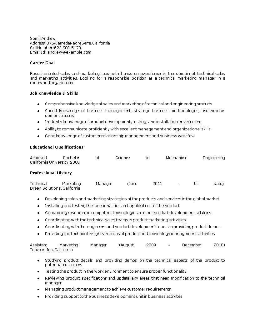 technical marketing manager resume template