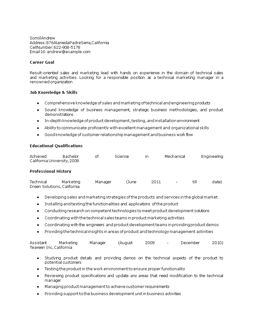 technical marketing manager resume Hauptschablonenbild