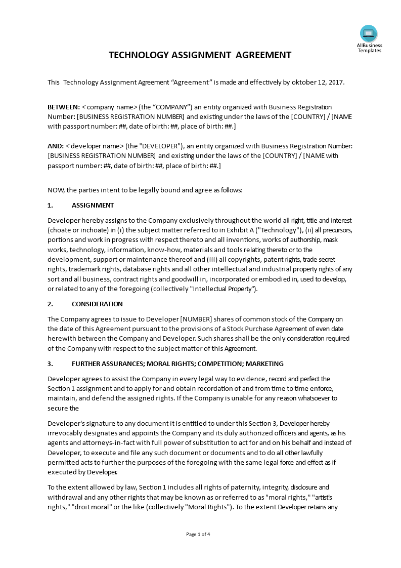 Technology Assignment Agreement - Modèle Professionnel For credit assignment agreement template Technology Assignment Agreement - Modèle Professionnel For credit assignment agreement template