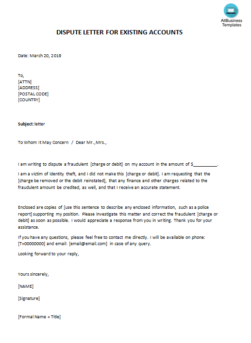 online identity theft-dispute letter for existing accounts modèles