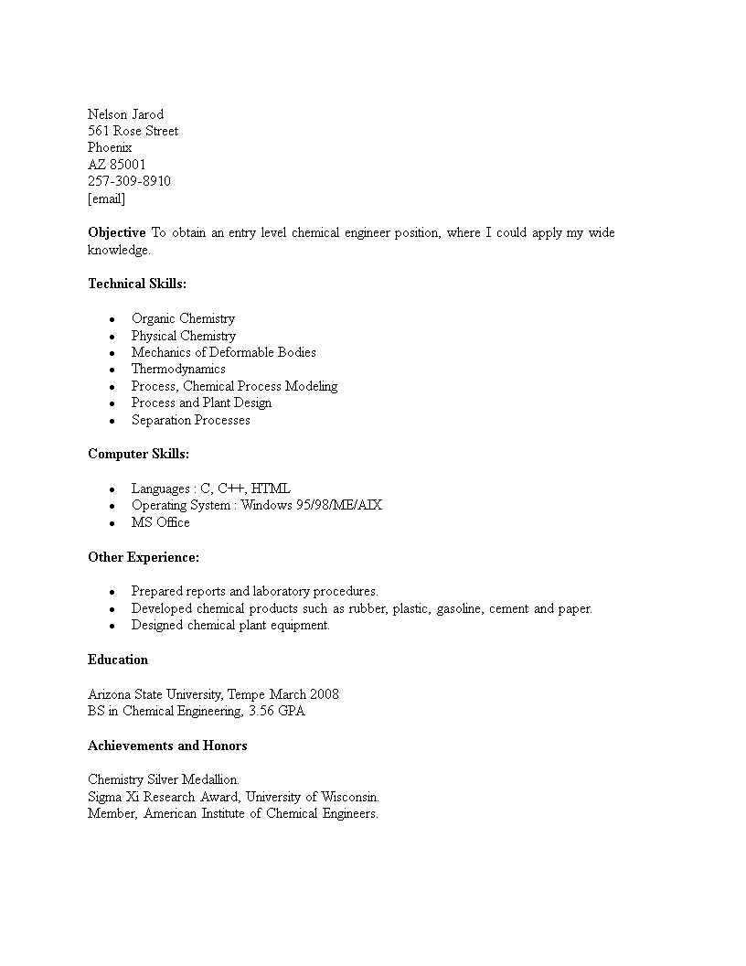 Entry Level Chemical Engineering Resume template 模板