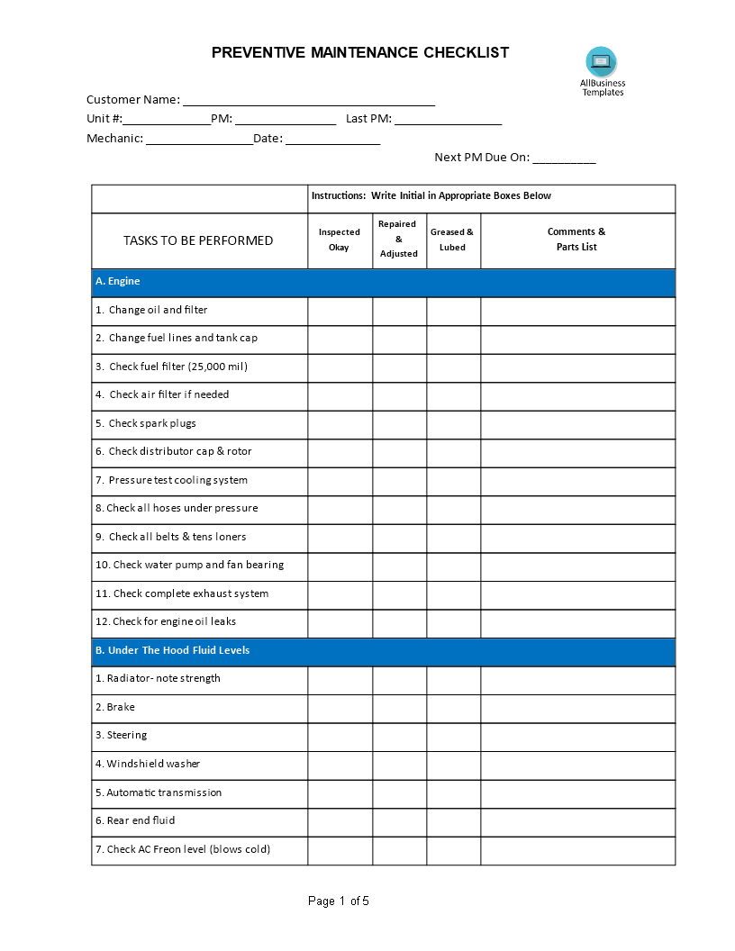 Free Printable Preventive Maintenance Checklist Template