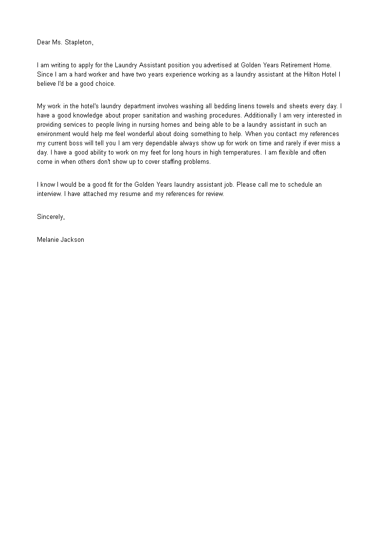 cover letter for laundry attendant with no experience