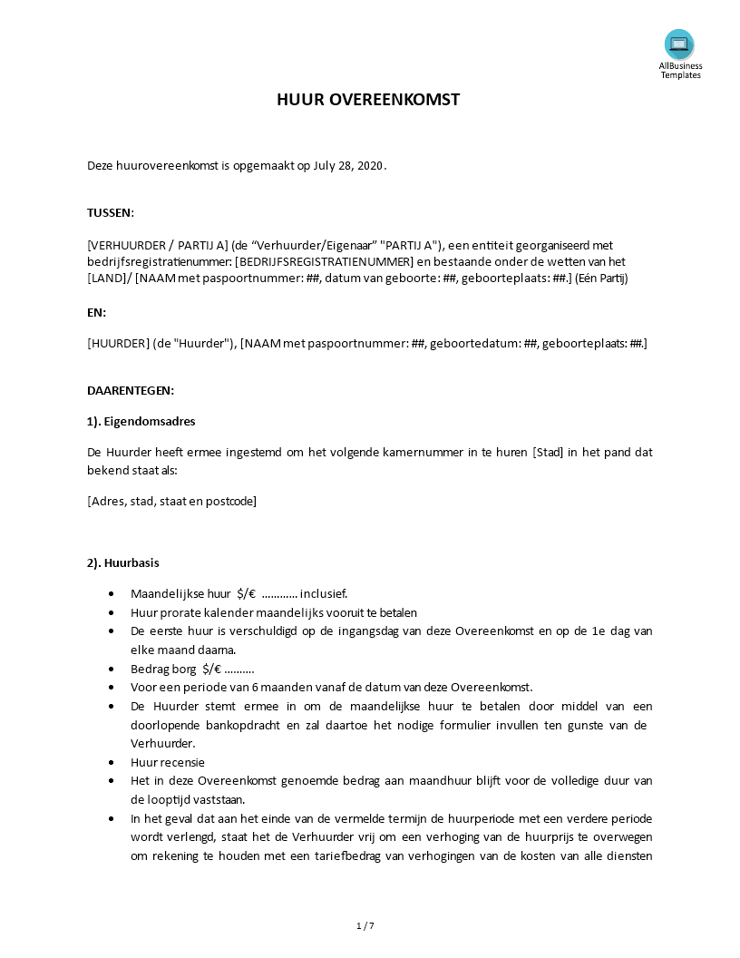 huurcontract template voorbeeld afbeelding 