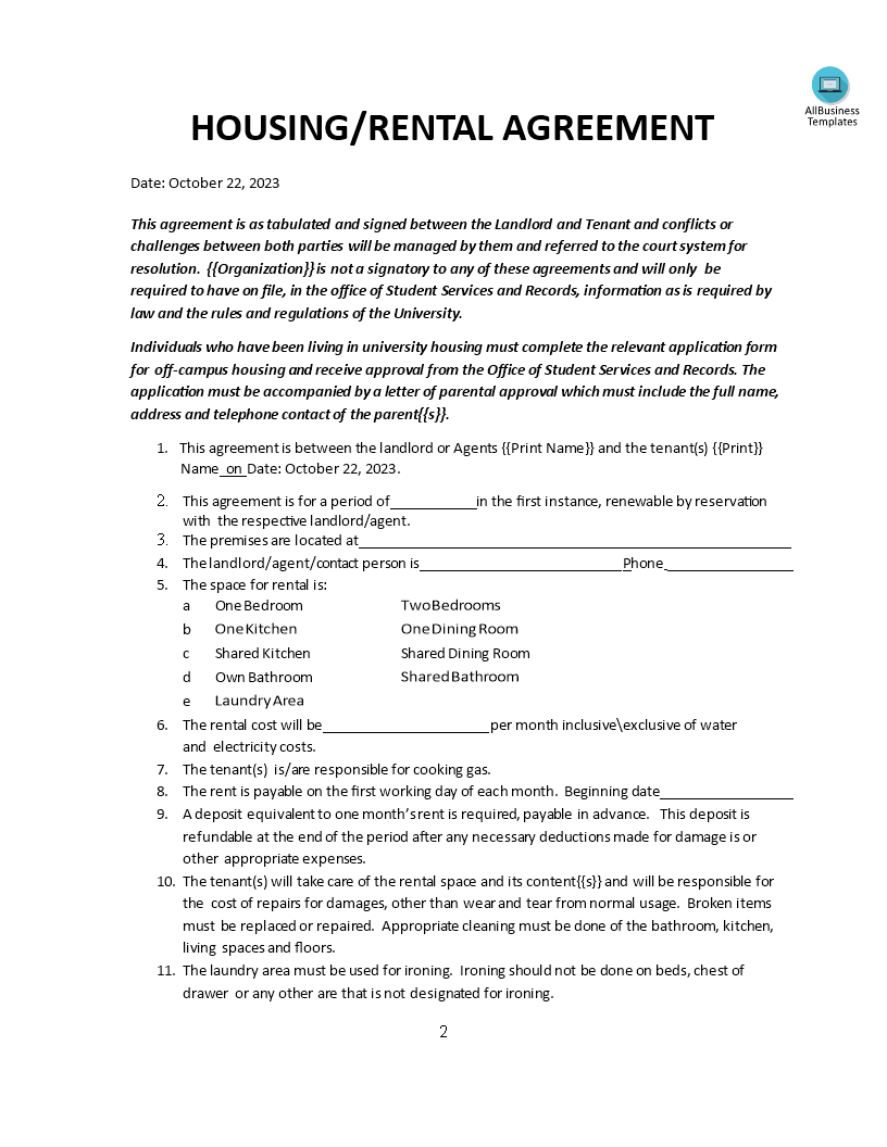 housing rental lease agreement modèles