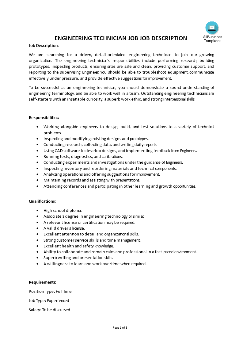 Engineering Technician Job Job Description 模板