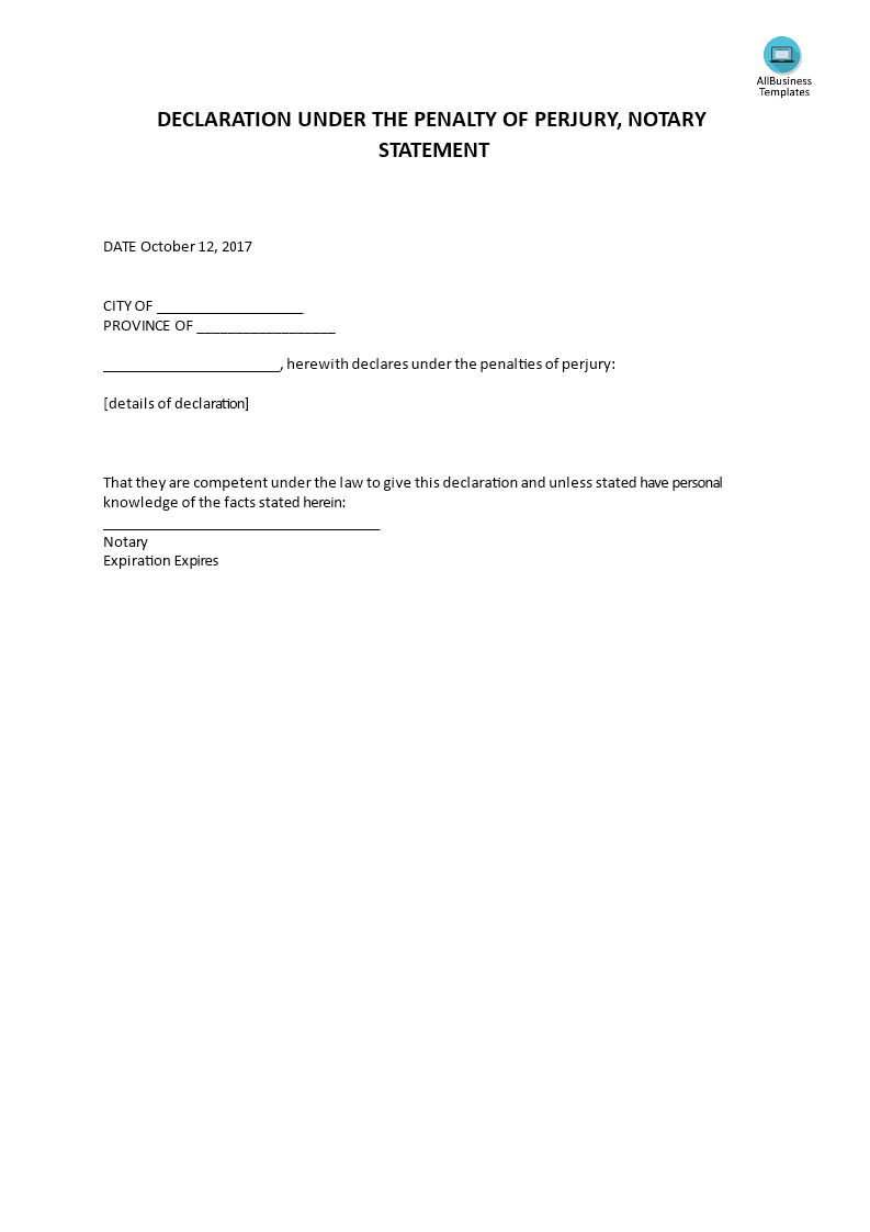 Declaration Under The Penalty Of Perjury, Notary Statement main image