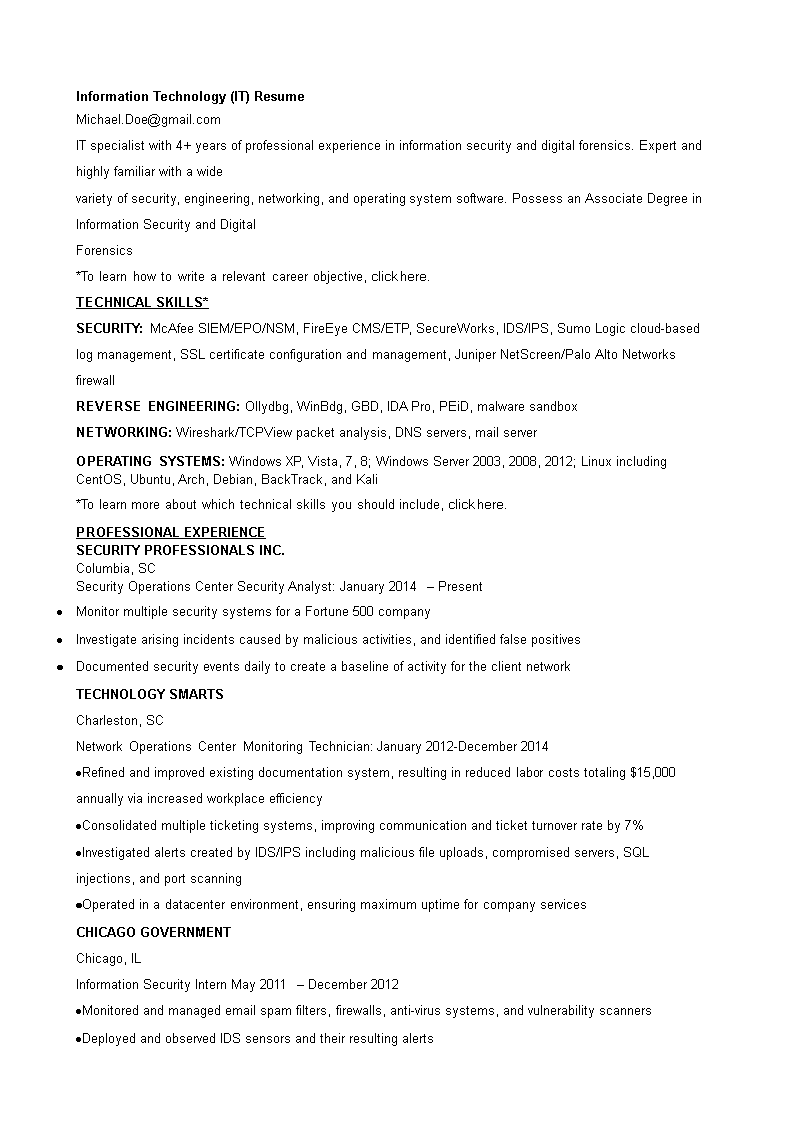 it specialist cv template