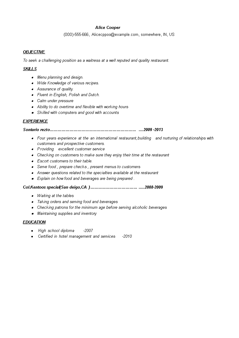 restaurant waitress cv template