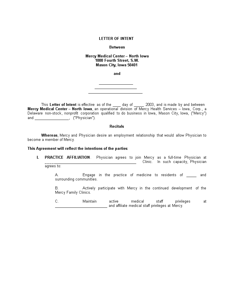 employment contract letter of intent template