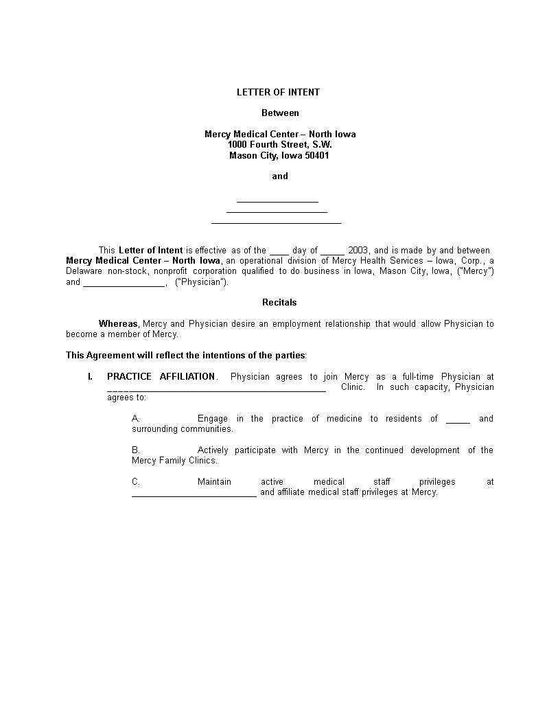 employment contract letter of intent modèles