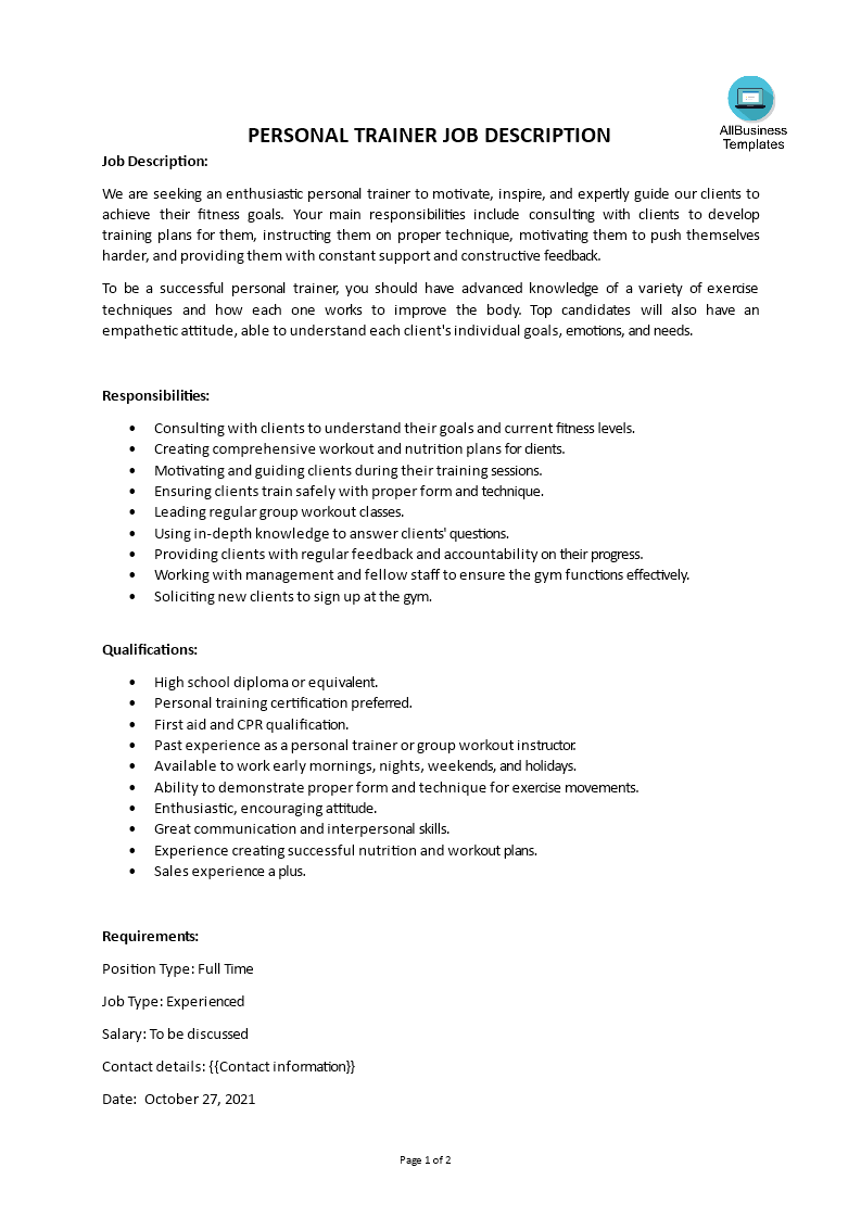 personal trainer job description template