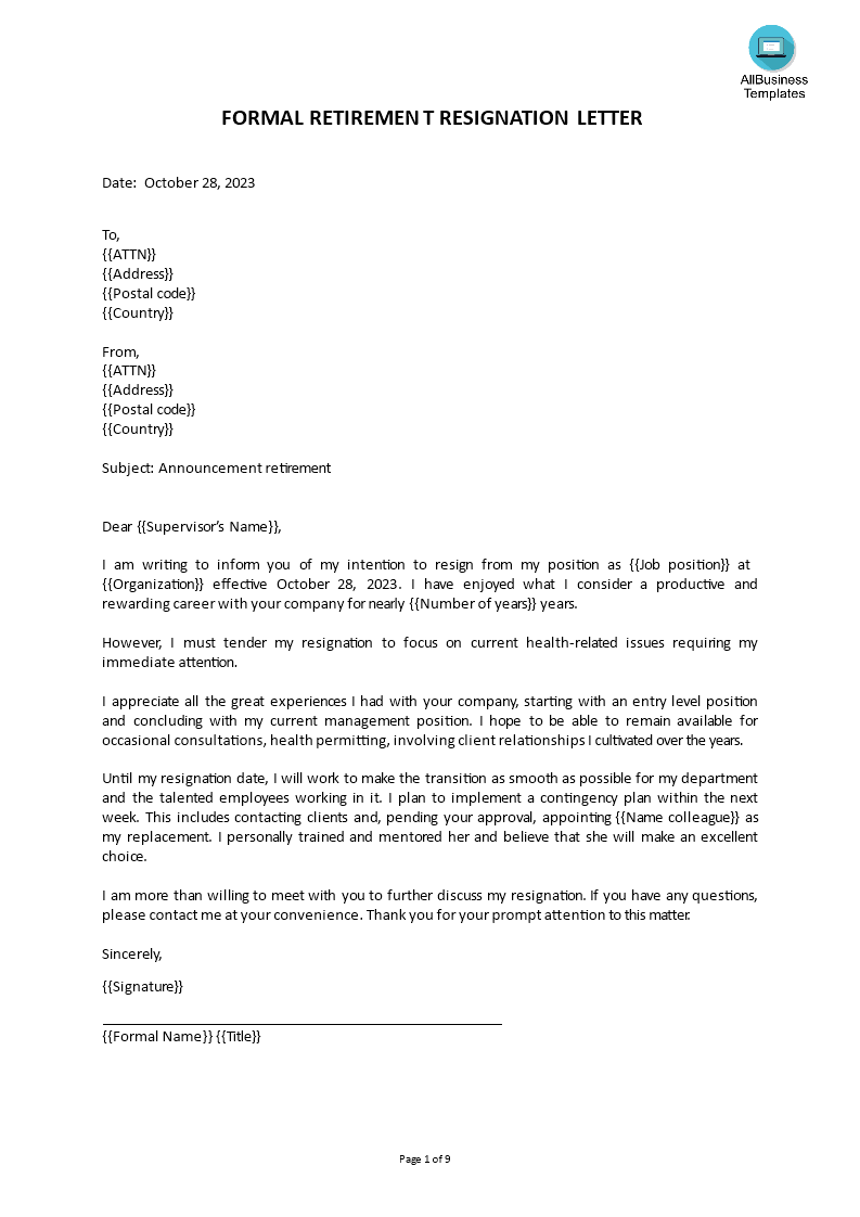 retirement resignation letter template