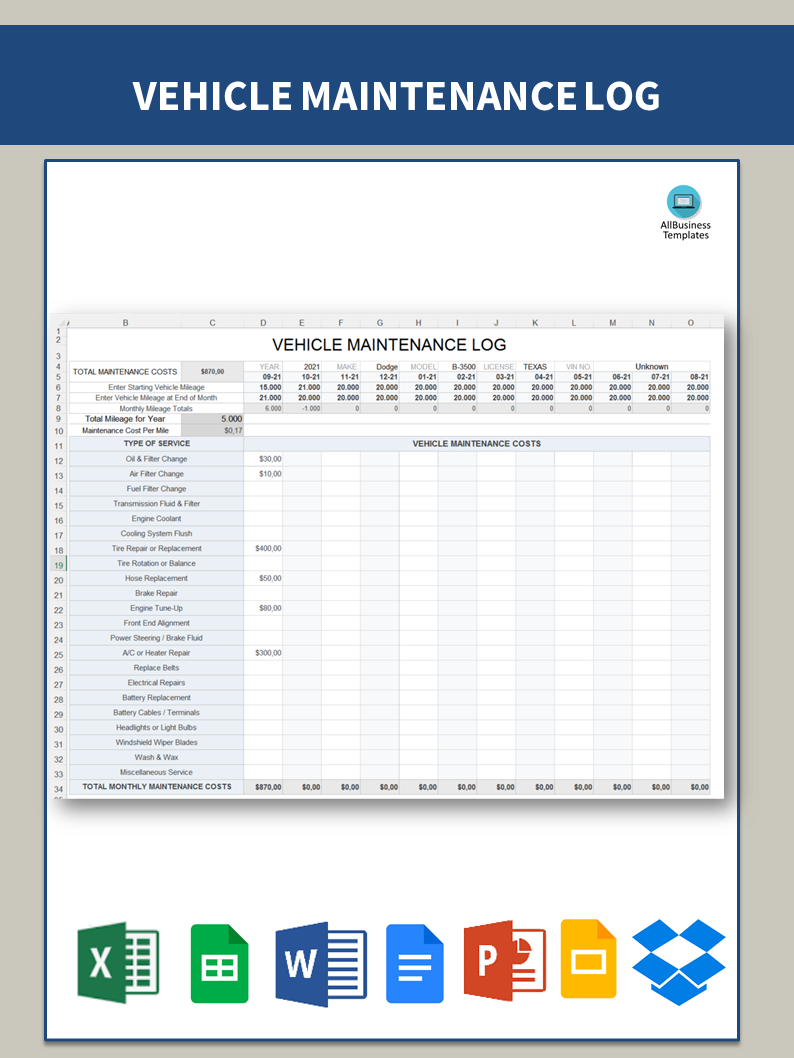 Vehicle Maintenance Log Template excel spreadsheet Templates at