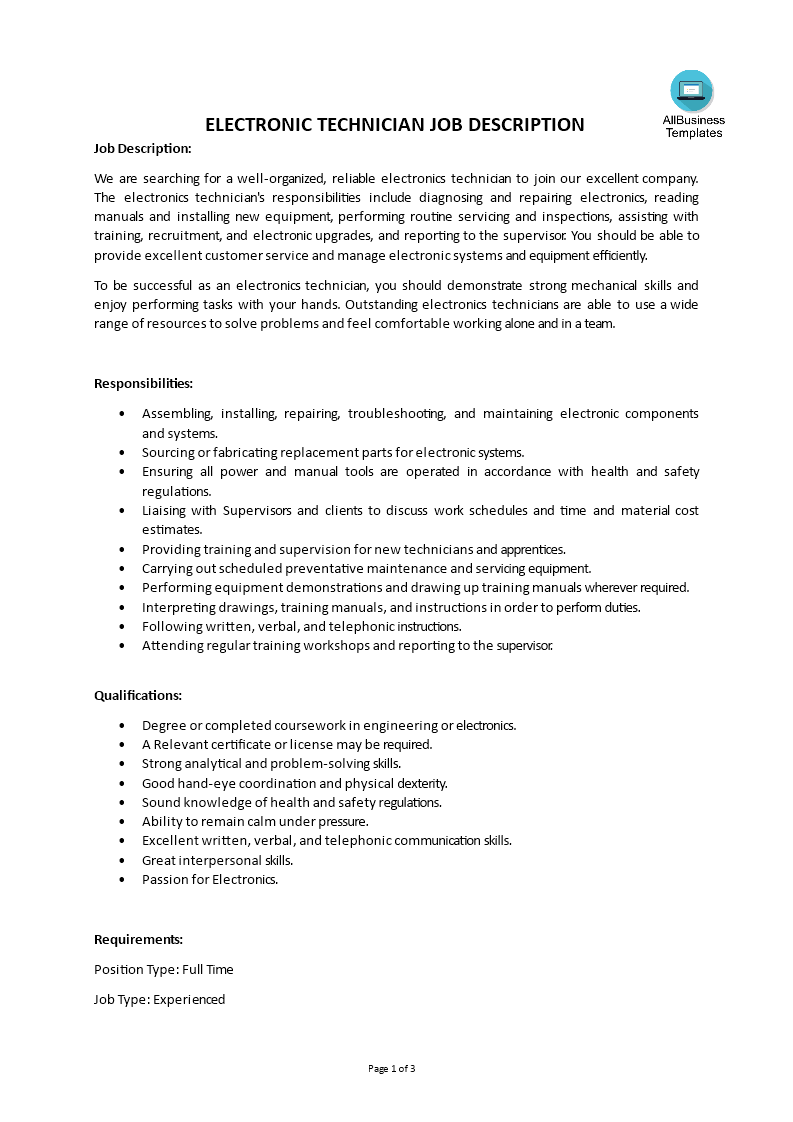 Electronic Technician Job Description main image