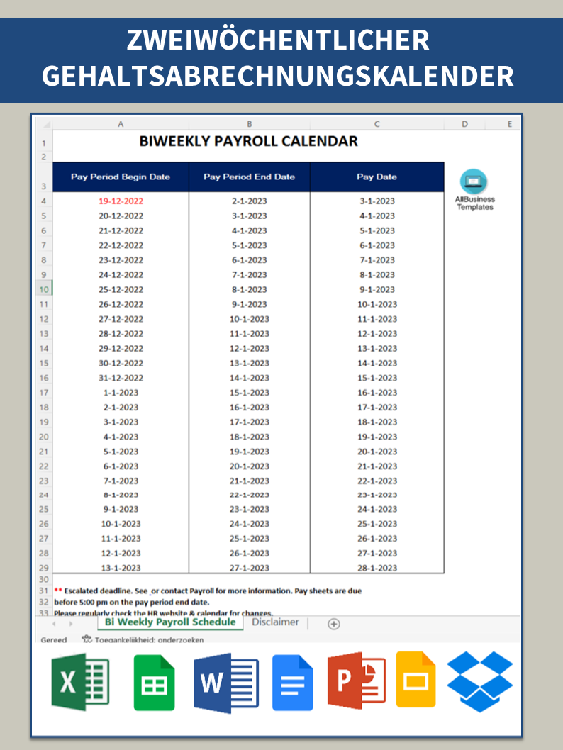 Zweiwöchentlicher Gehaltsabrechnungskalender 模板