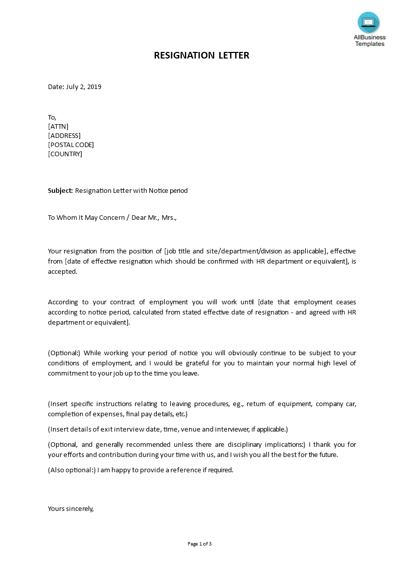 sample resignation letter period notice voorbeeld afbeelding 