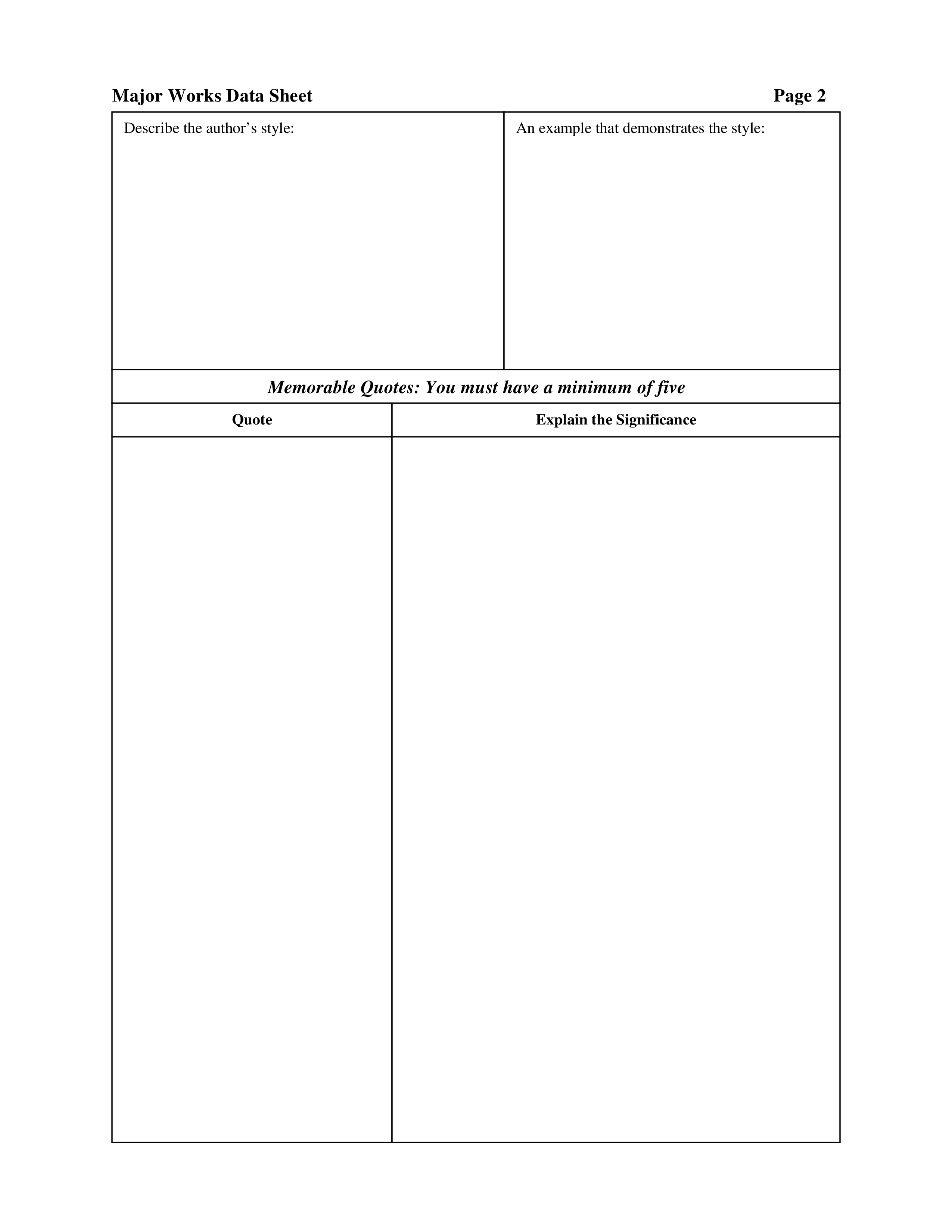 Major Works Literature Datasheet Templates at