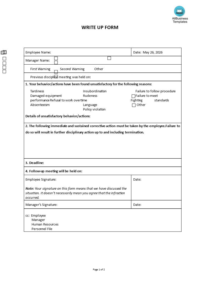 Write Up Form | Templates at allbusinesstemplates.com