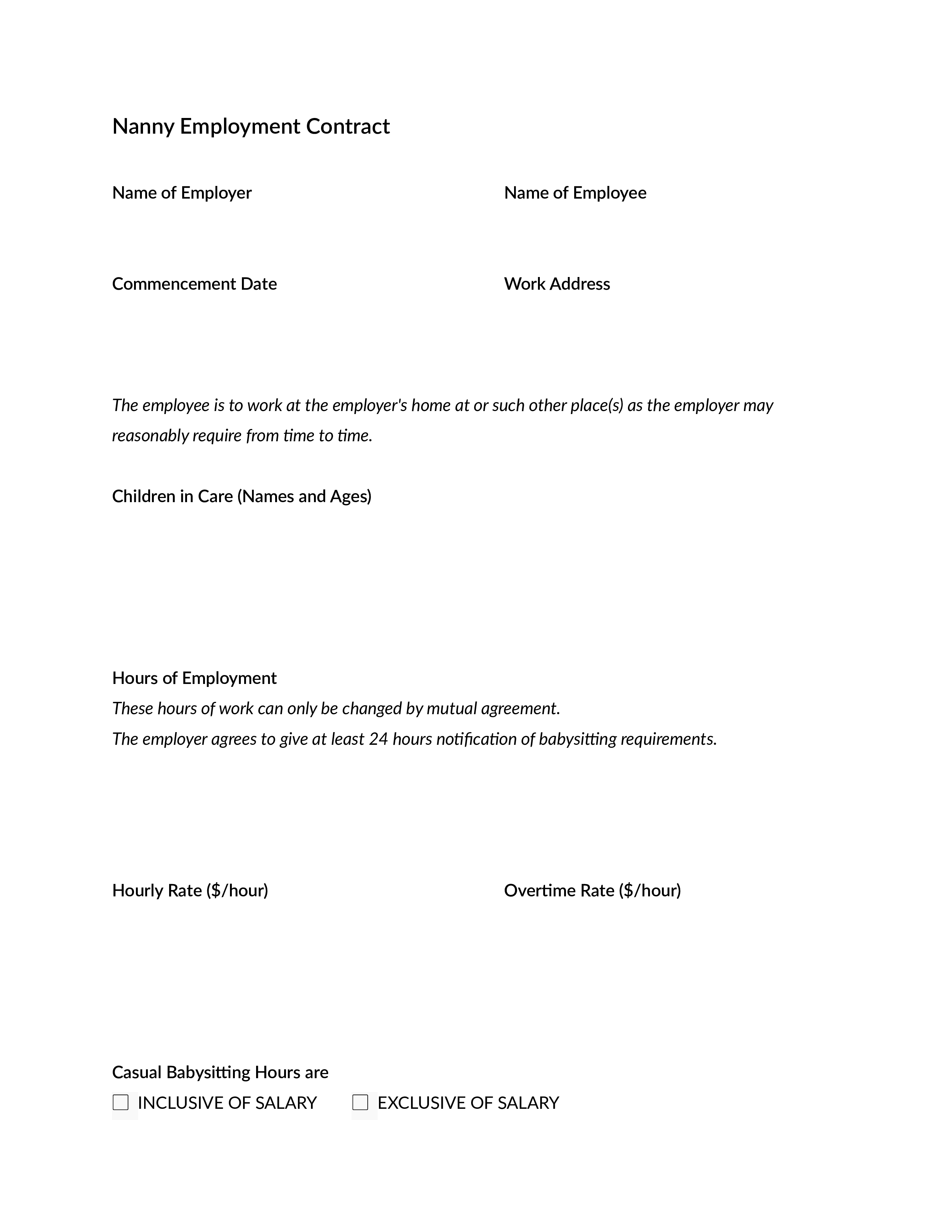 nanny employment contract example template