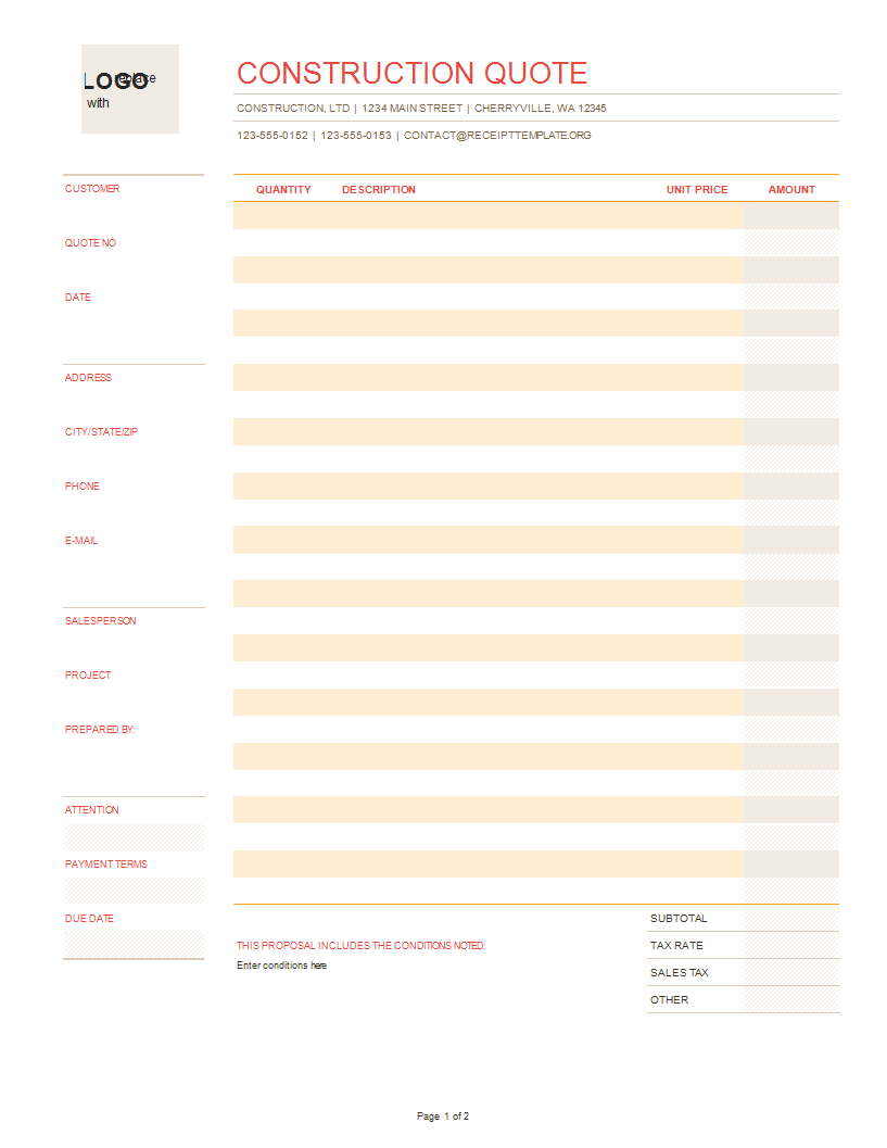 quote template in excel voorbeeld afbeelding 