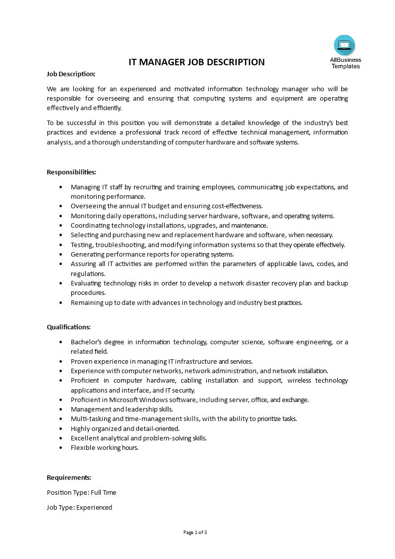 it manager job description modèles