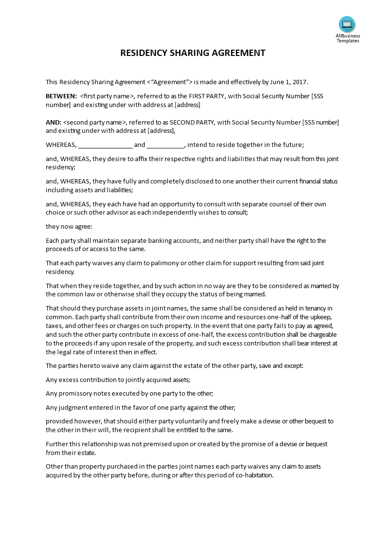 residence sharing agreement voorbeeld afbeelding 