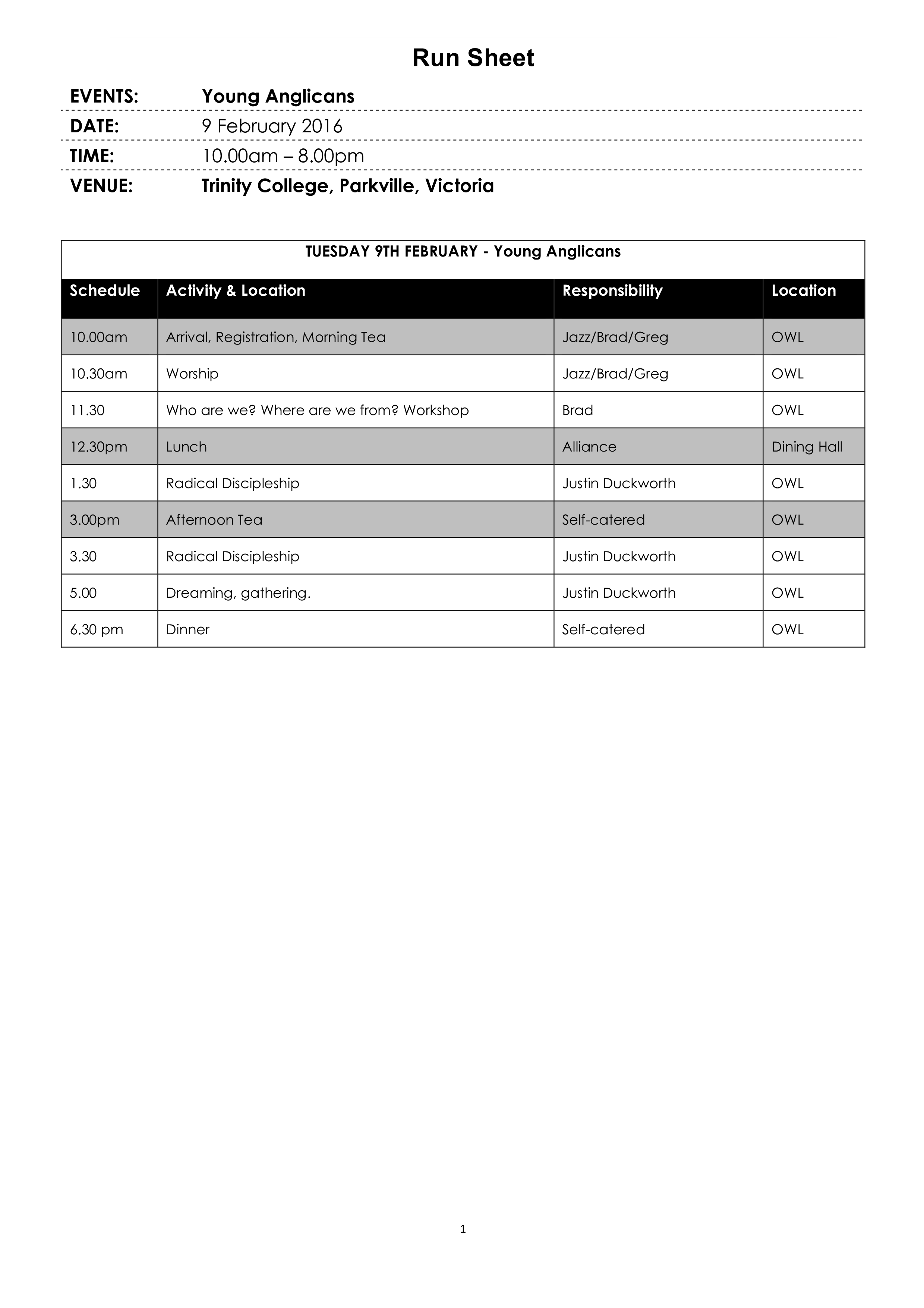 simple run sheet voorbeeld afbeelding 