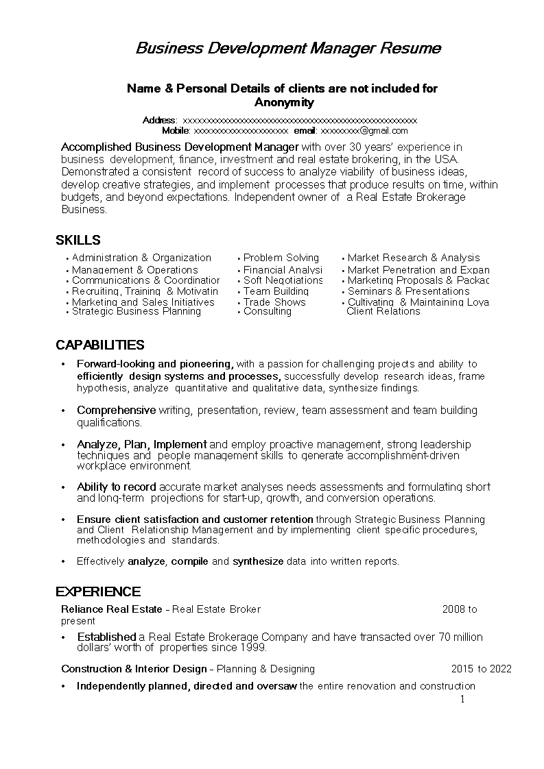 Business Development Manager Position Resume sample 模板