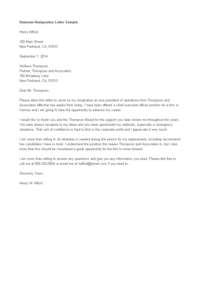 Kostenloses Personal Business Resignation Letter