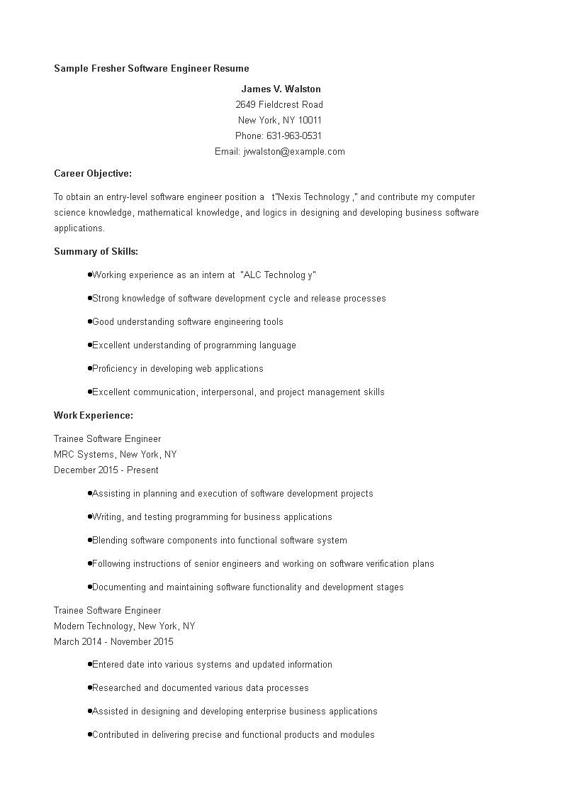 fresher software engineer resume template