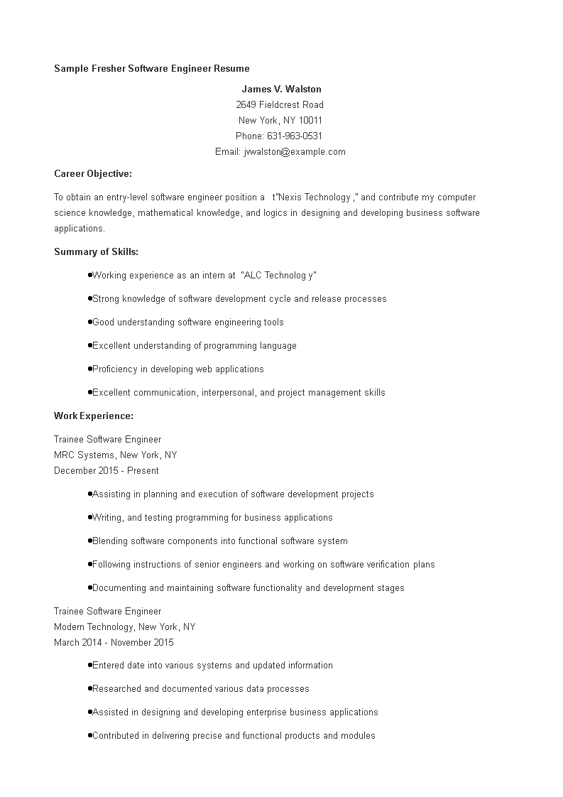 Fresher Software Engineer Resume 模板