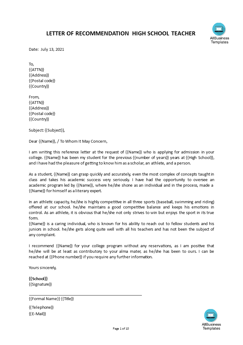 high school teacher recommendation letter for student entering college voorbeeld afbeelding 