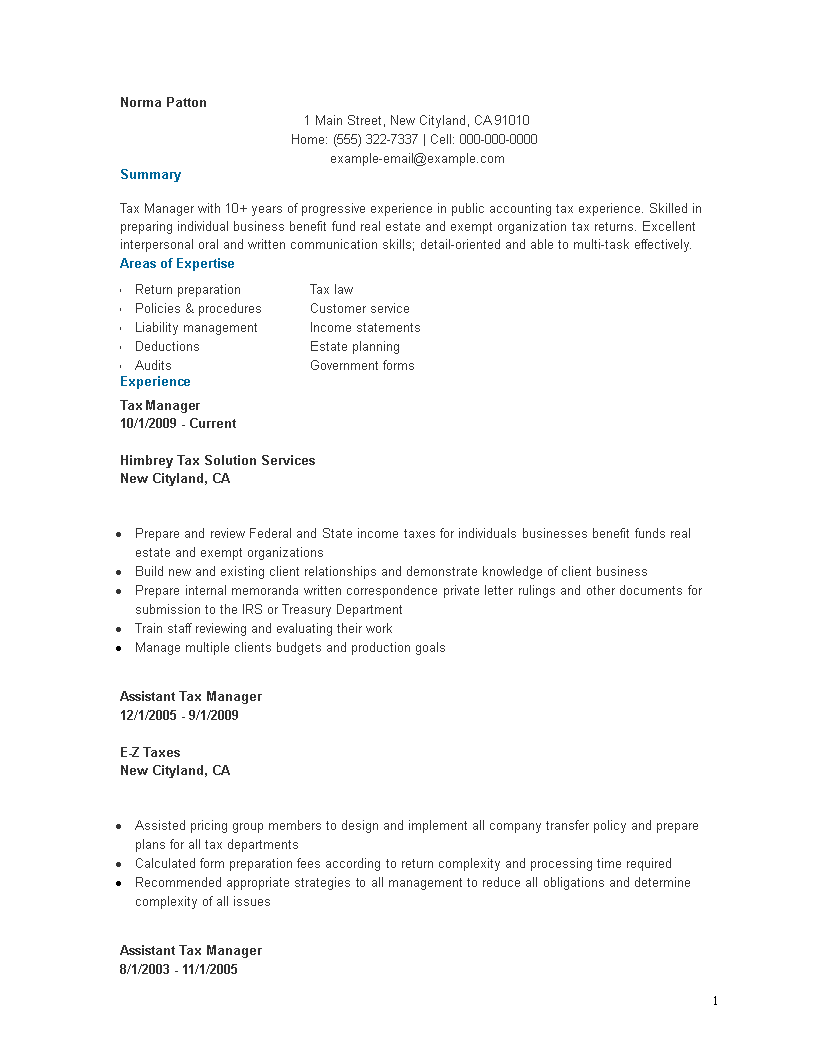 resume format for taxation manager voorbeeld afbeelding 