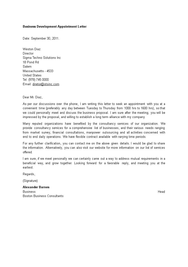business development appointment letter template