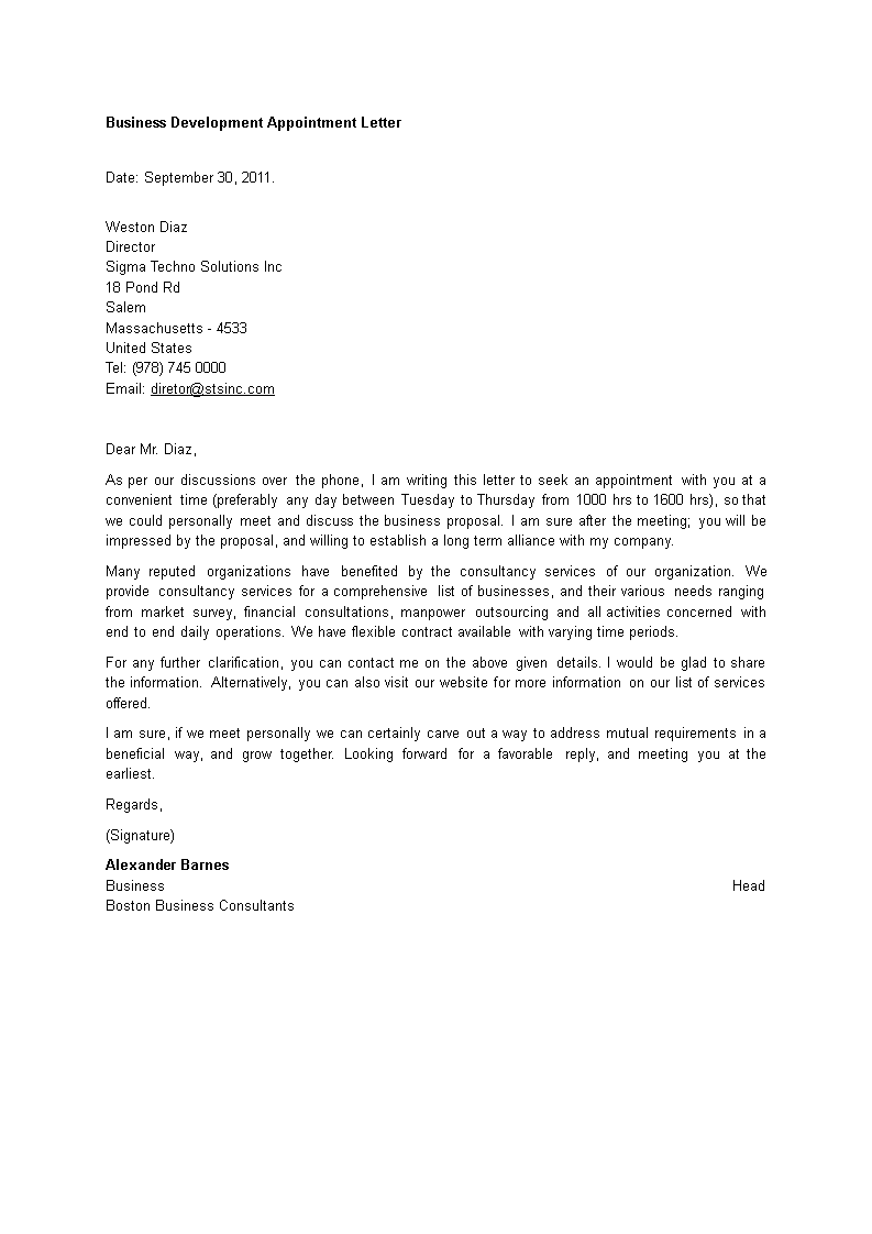 business development appointment letter modèles