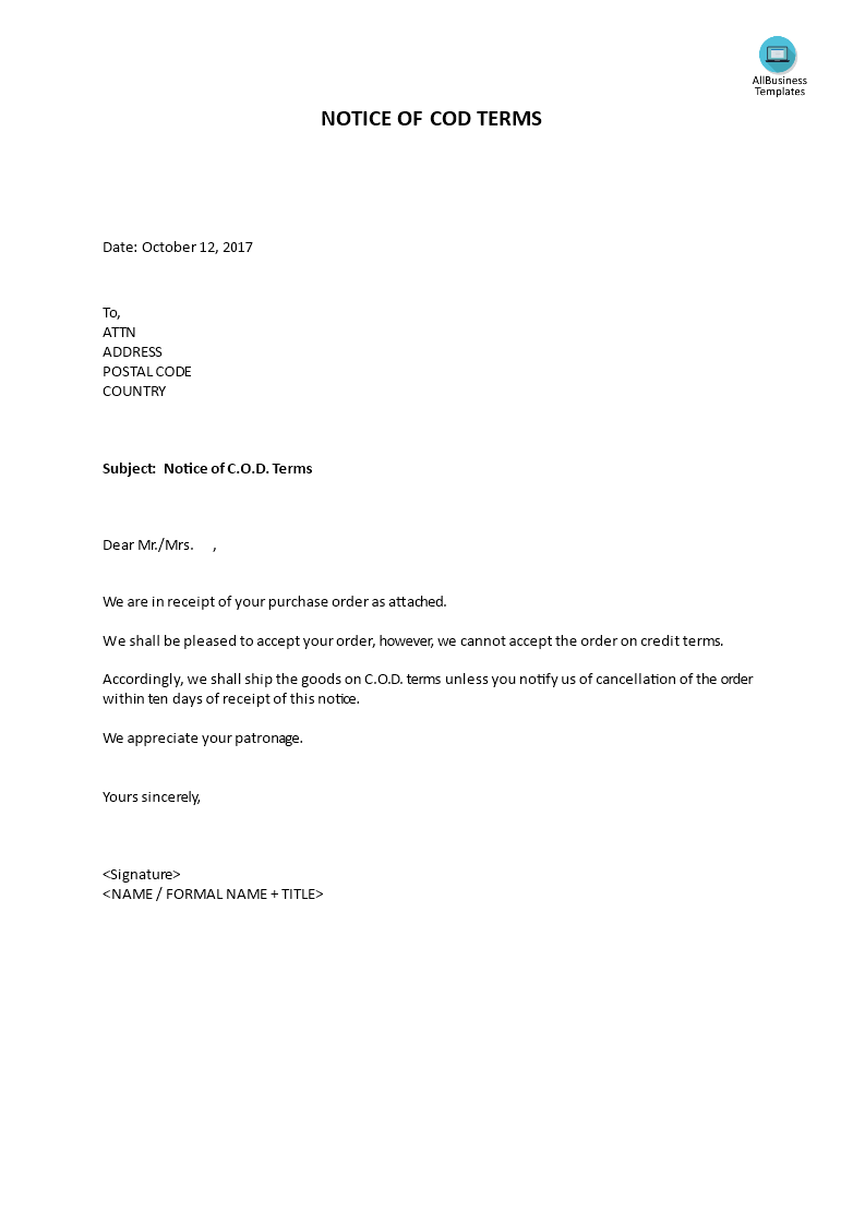 notice of cod terms template