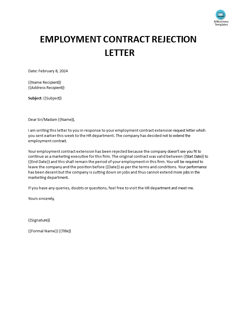 rejection letter for an employment contract template