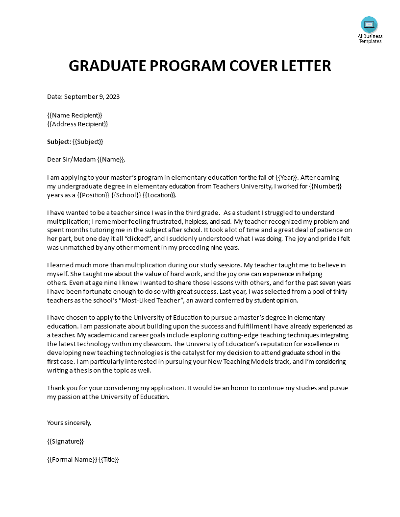 graduate program cover letter template