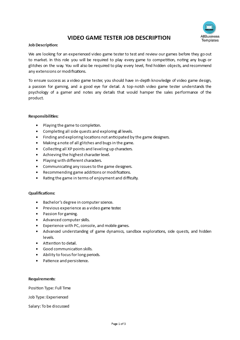 Video Game Tester Job Description main image