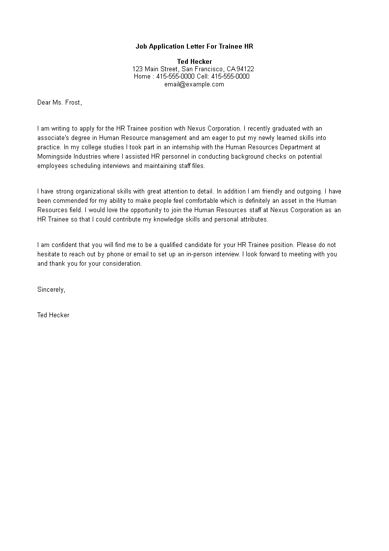  Job Application Letter For Trainee Hr Allbusinesstemplates