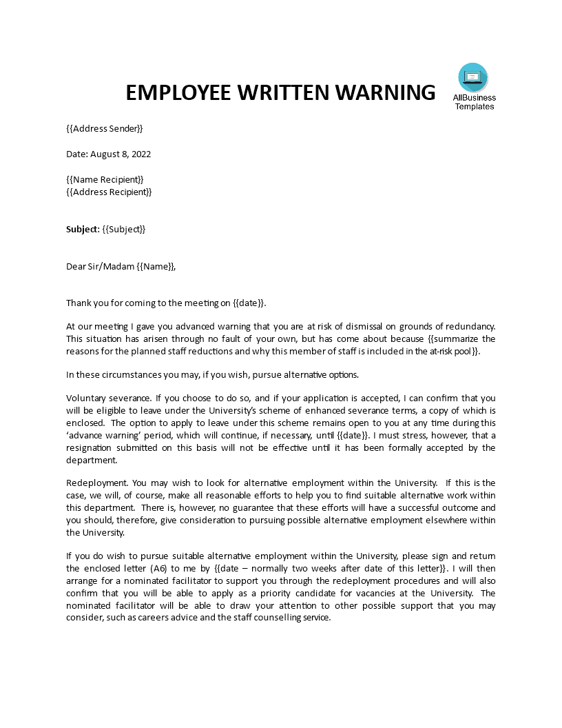 written warning letter template voorbeeld afbeelding 