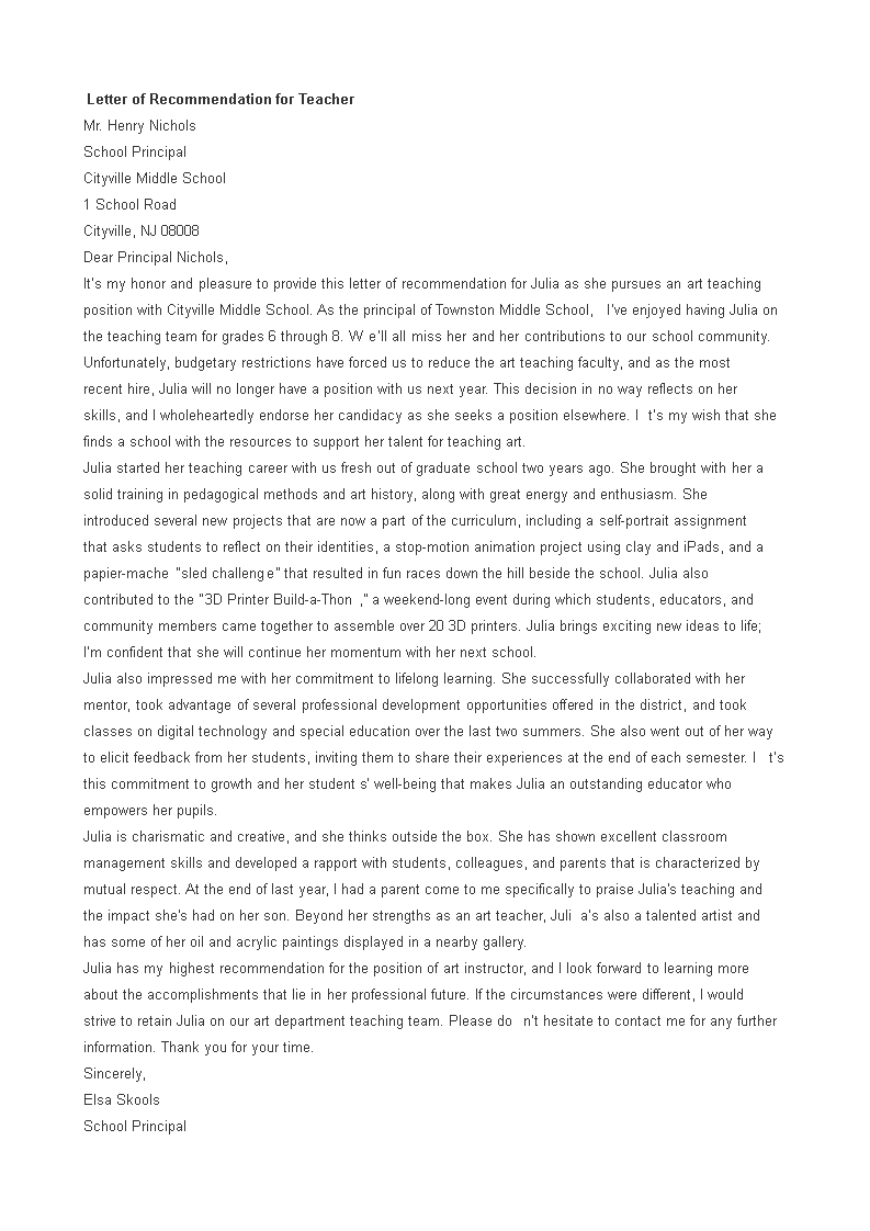 formal letter of recommendation for teacher Hauptschablonenbild