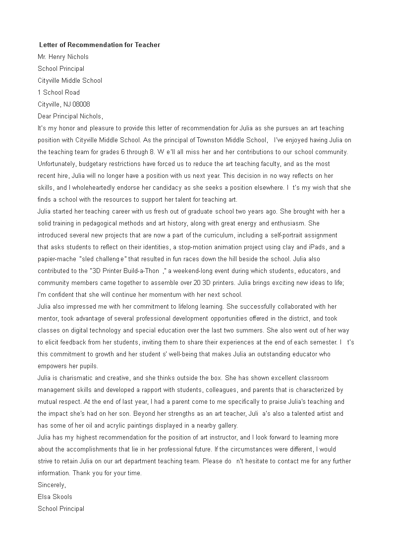 formal letter of recommendation for teacher template