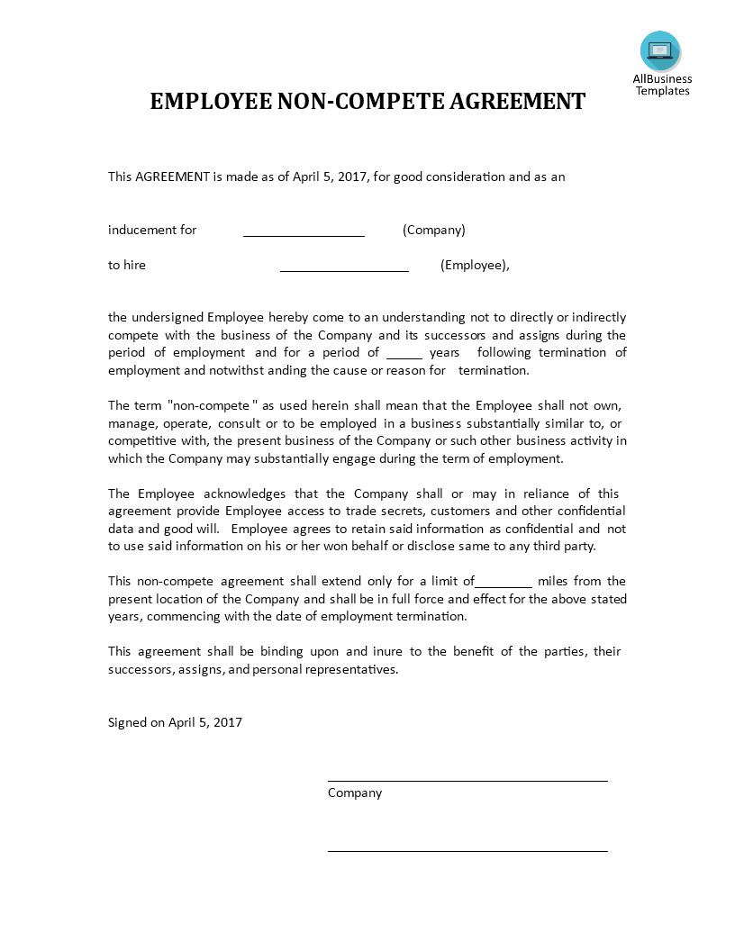 non-competition agreement example (employee) modèles