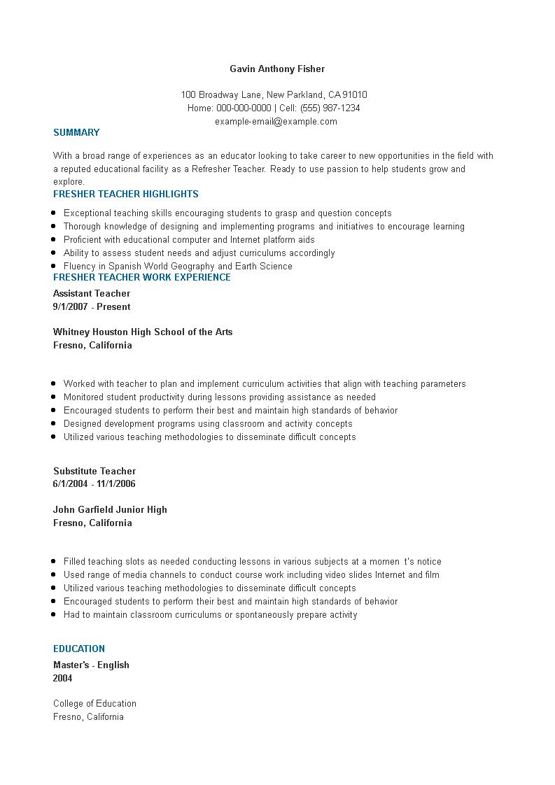 fresher assistent teacher resume format template