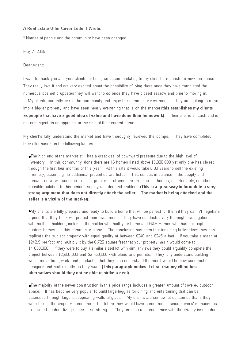 real estate offer cover letter template