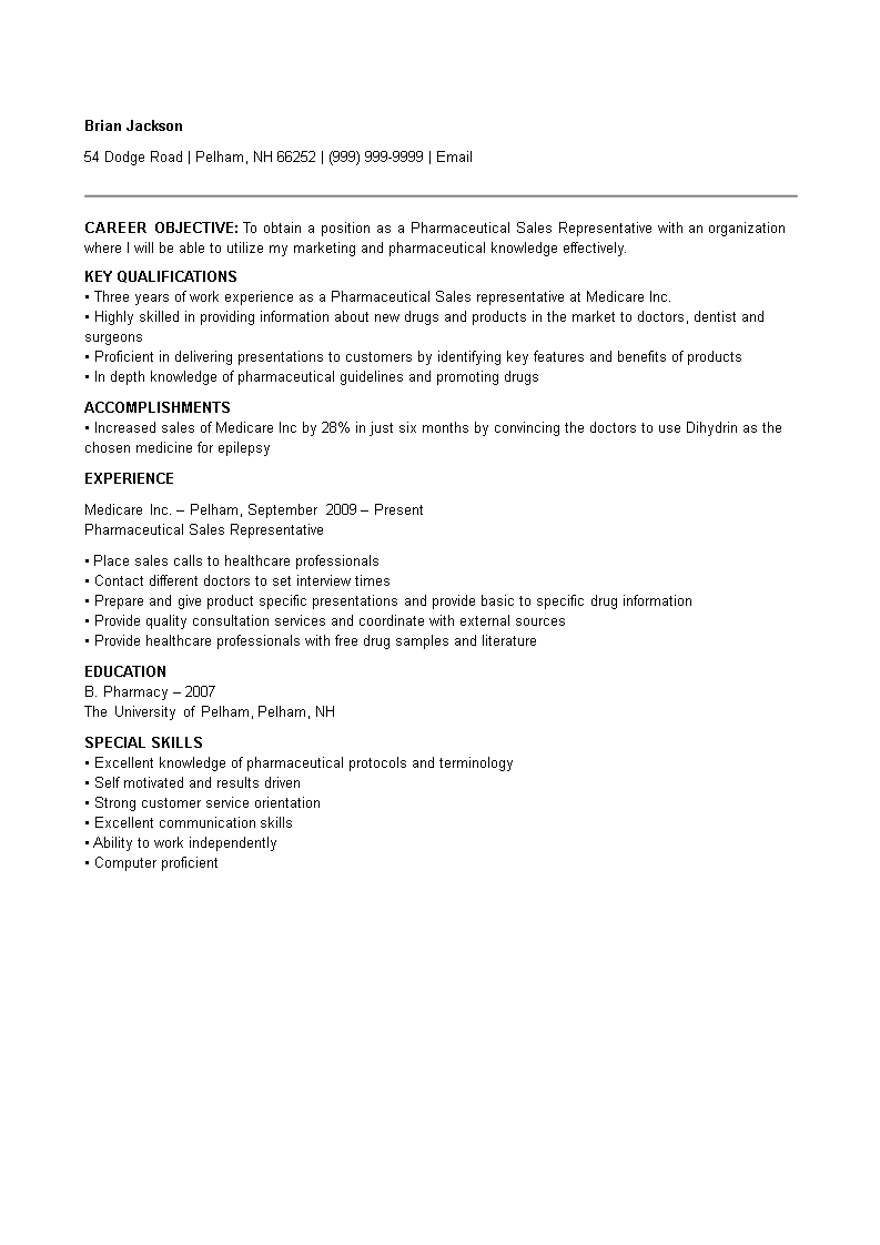 Pharmaceutical Sales Representative Resume template 模板