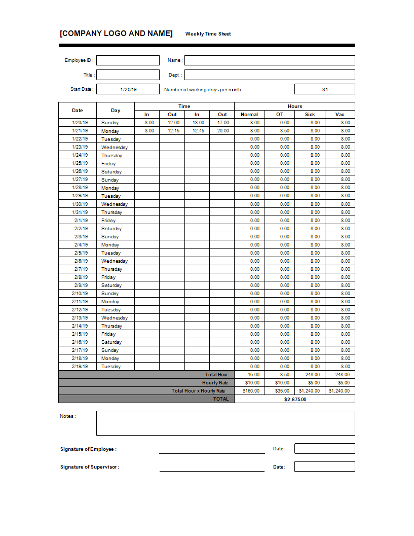 monthly time sheet Hauptschablonenbild